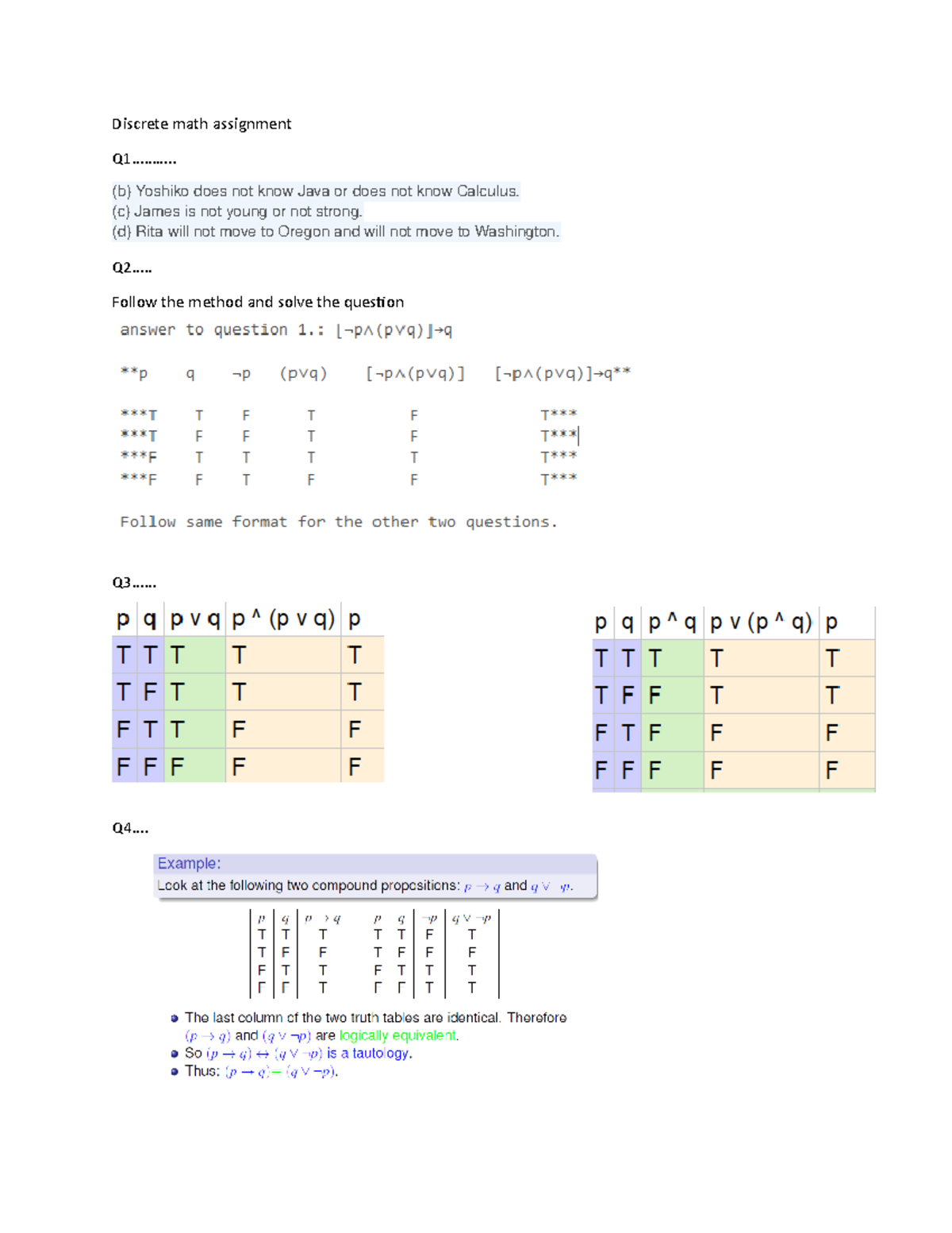 Discrete math assignment - .......... (b) Yoshiko does not know Java or ...