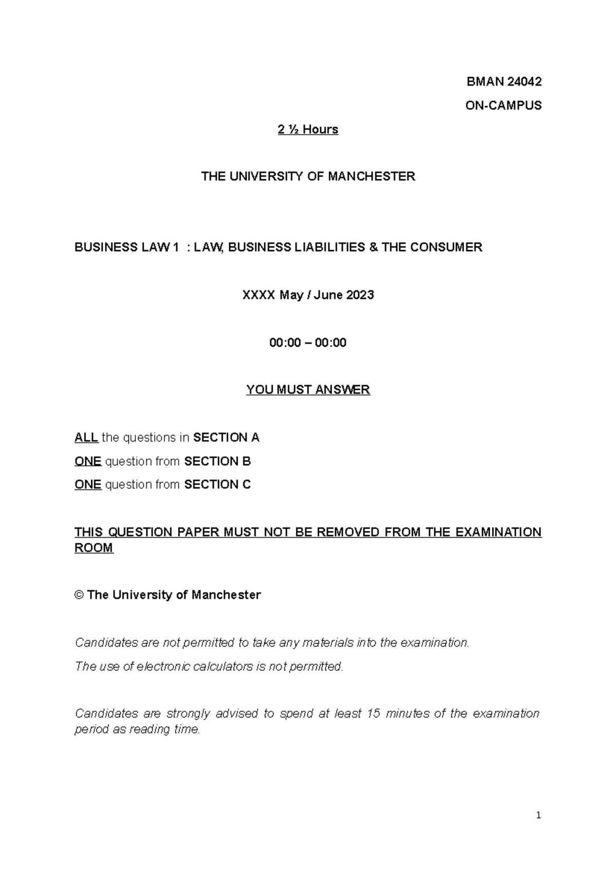 Example exam paper for BMAN 24042 BMAN 24042 ONCAMPUS 2 ½ Hours THE