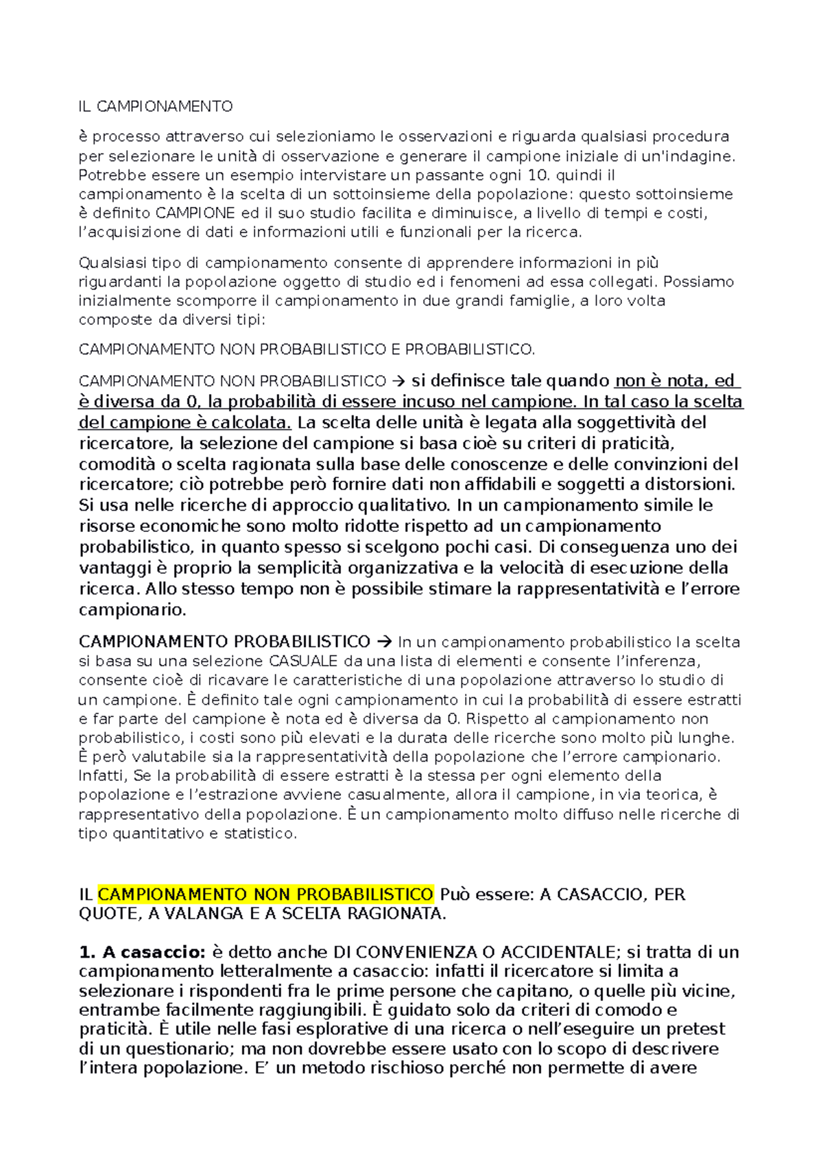 METODOLOGIA: Campionamento E Tipologie - IL CAMPIONAMENTO è Processo ...