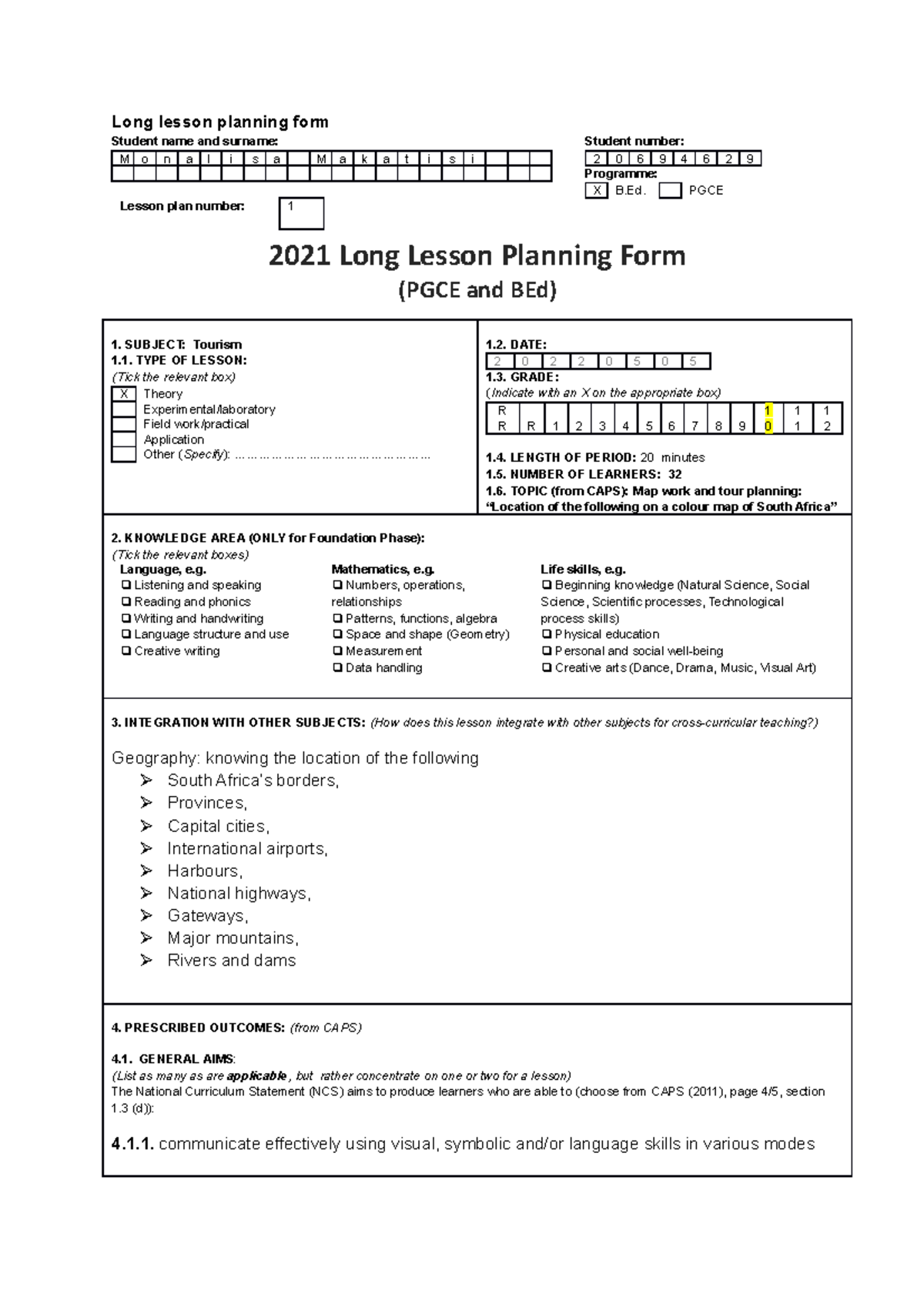 EFK 210 Long Lesson Plan Long lesson planning form Student name and