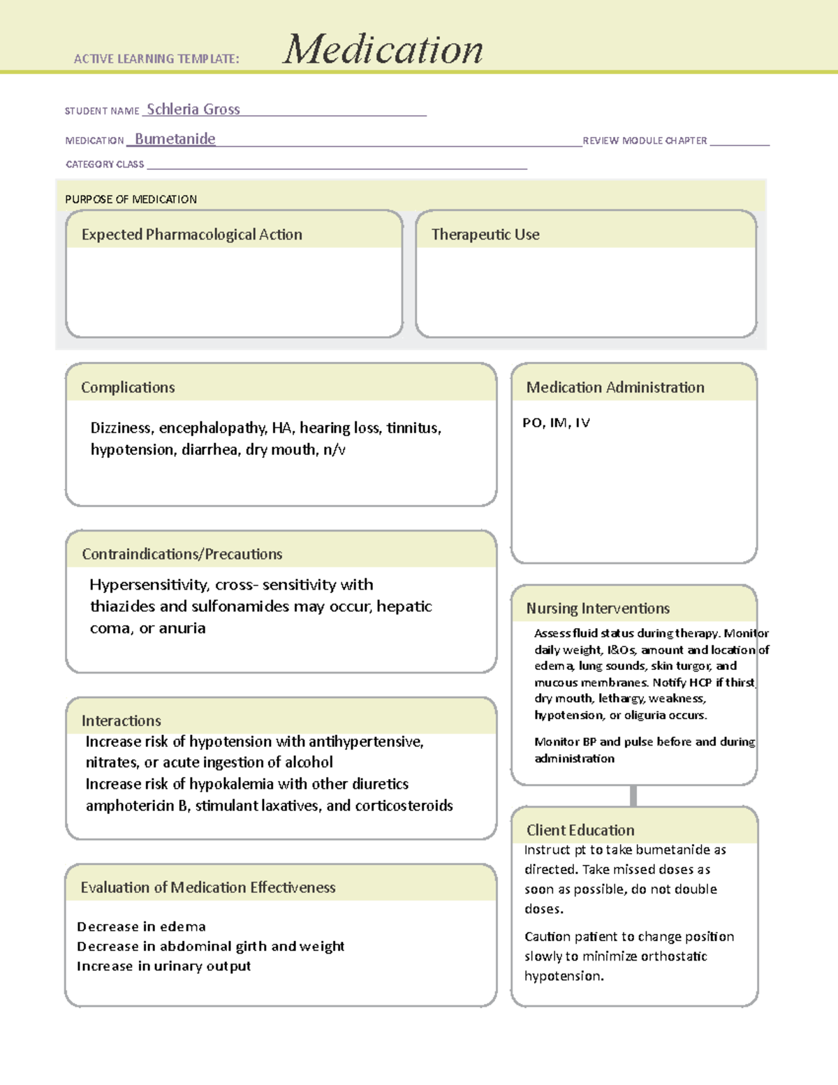 Buetanide Medication Template - Student Name Schleria Gross