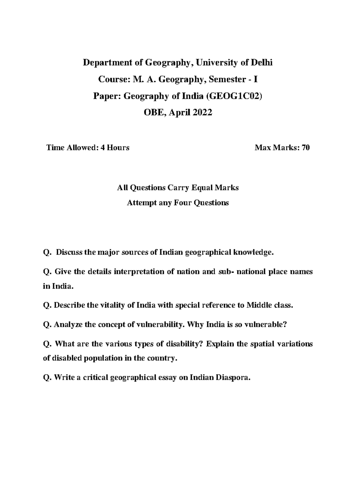 Geography of India Department of Geography, University of Delhi