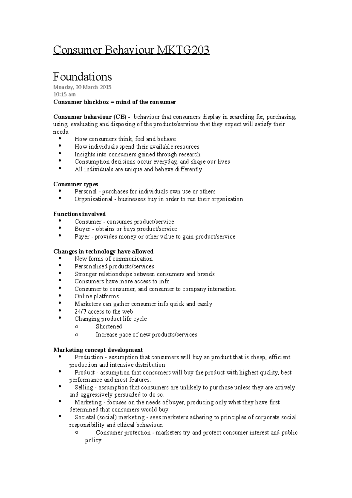 Consumer Behaviour MKTG203 - Consumer Behaviour MKTG Foundations Monday ...