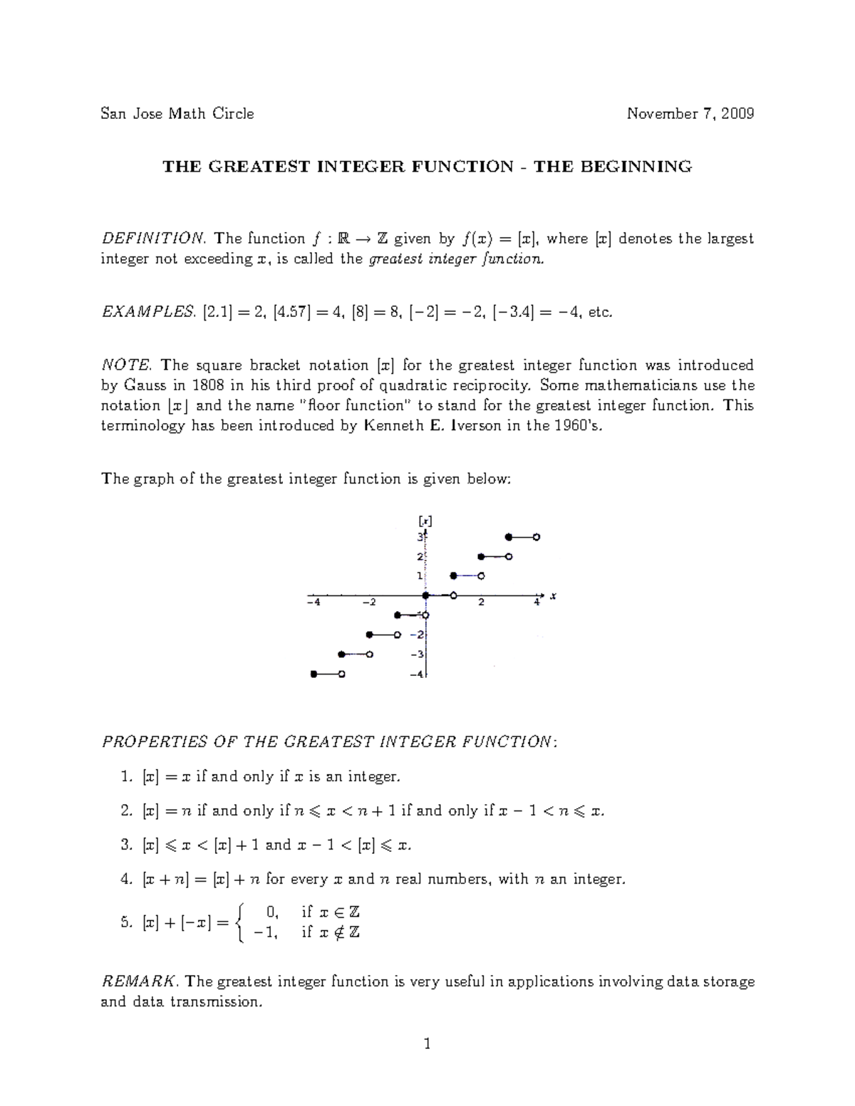 Box function - San Jose Math Circle November 7, 2009 THE GREATEST ...