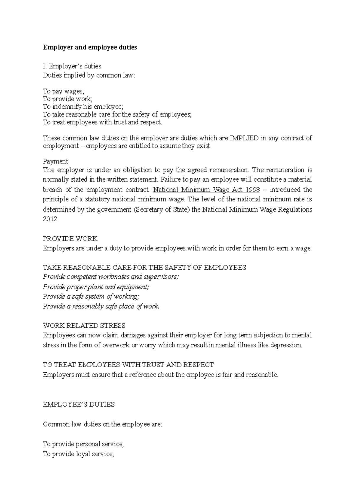 Employer and employee duties Employer’s duties Duties implied by