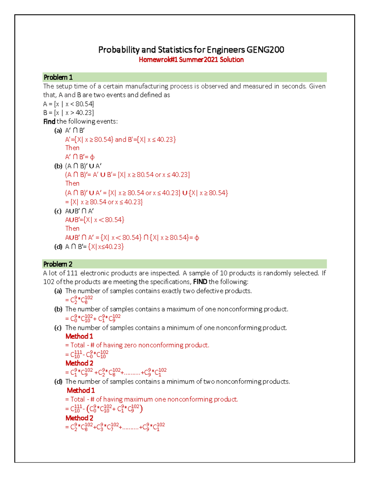 Homework 1 Summer 2021 Solution - Probability And Statistics For ...