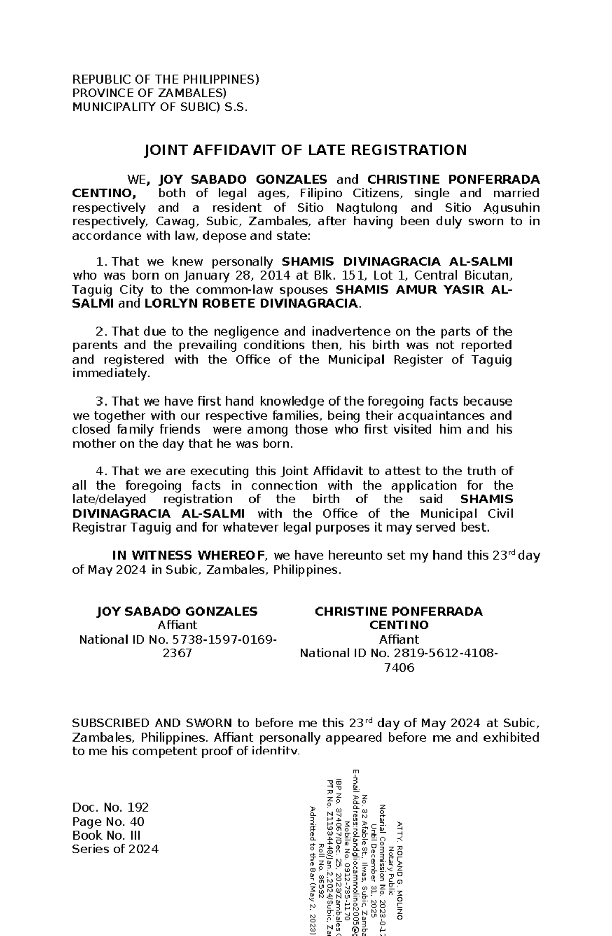 Affidavit of LATE Registration - REPUBLIC OF THE PHILIPPINES) PROVINCE ...