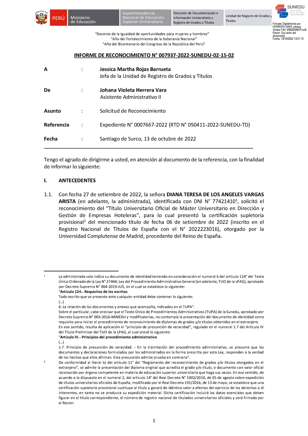 Informe De Reconocimiento N° 007937 2022 Sunedu 02 15 02 “decenio De La Igualdad De 6174