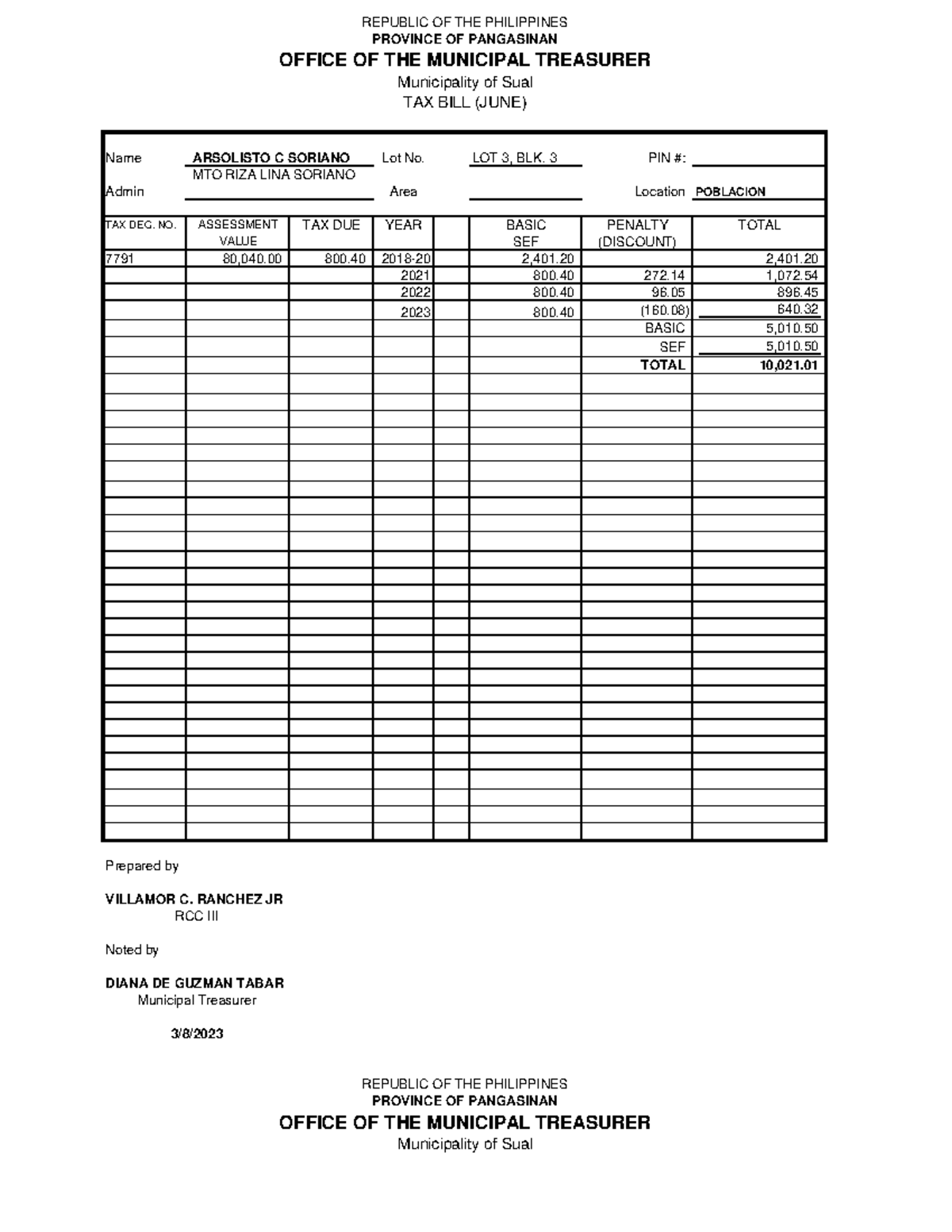 Blank Tax Bill - sample - Name ARSOLISTO C SORIANO Lot No. LOT 3, BLK ...