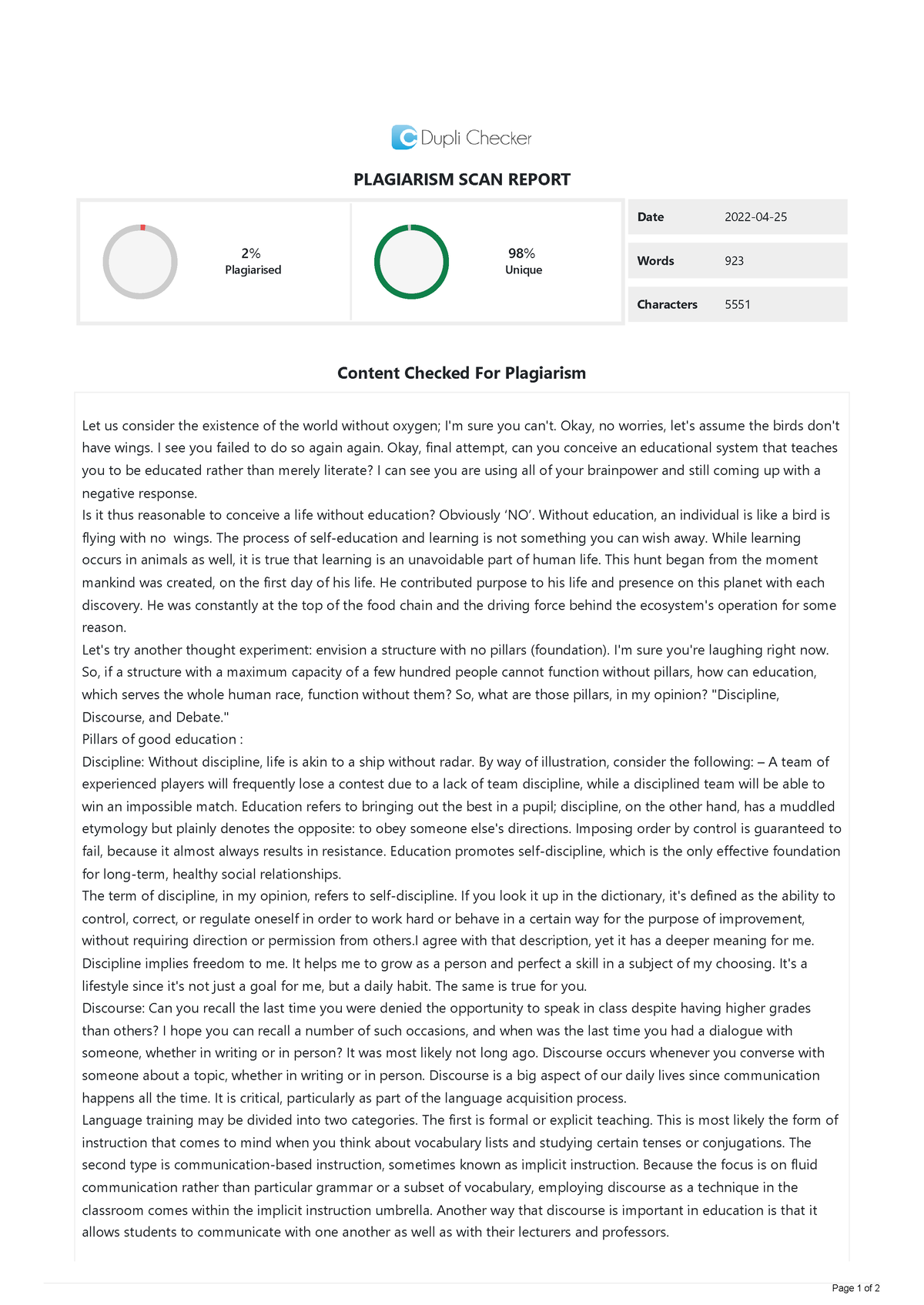 Duplichecker-Plagiarism-Report - PLAGIARISM SCAN REPORT 2% Plagiarised ...