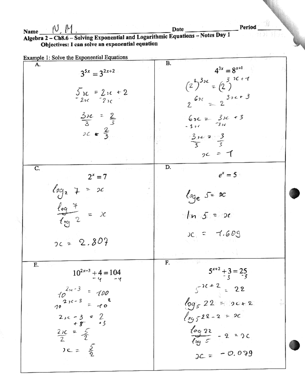 Algebra 2 - Solving Exponential And Logarithmic Equations Notes - AS ...