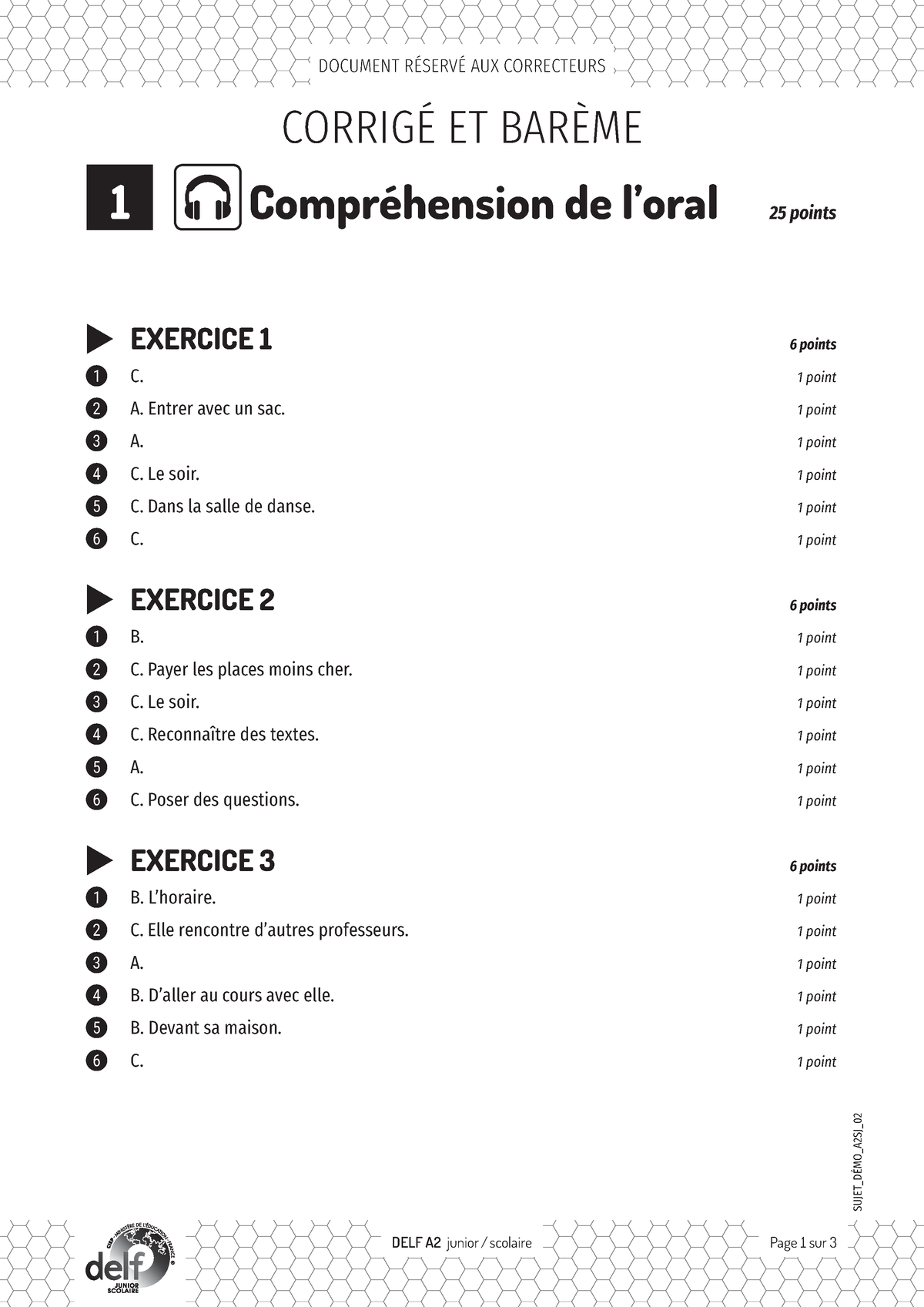 Exemple 3 Sujet Delf A2 Scolaire Document Correcteur Corrige - Page 1 ...