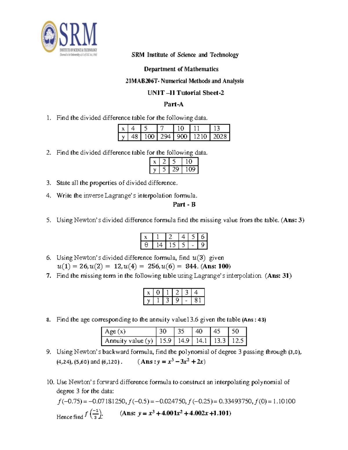 21MAB206T Unit-2 Tutorial-2 - SRM Institute of Science and Technology ...