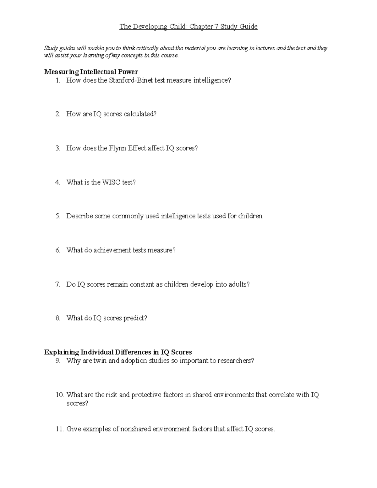 Chapter 7 - The Developing Child: Chapter 7 Study Guide Study guides ...