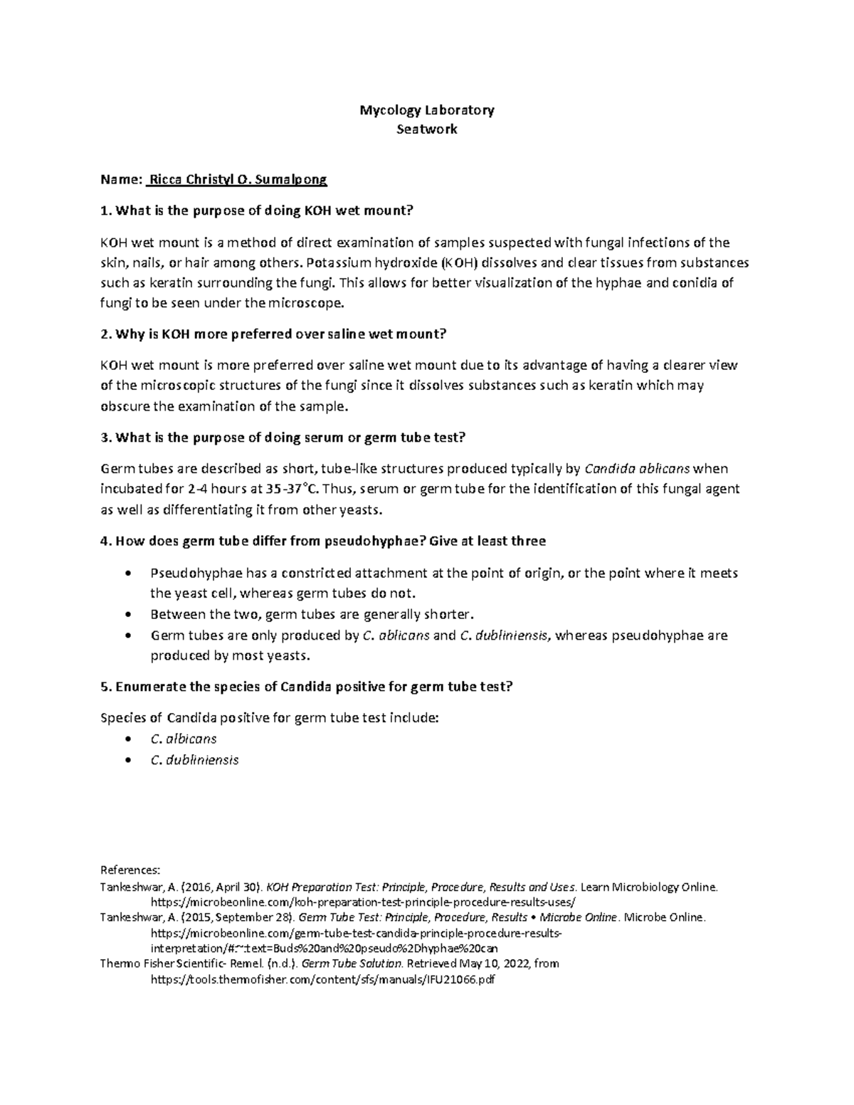 KOH Wet Mount and Germ Tube tests - Mycology Laboratory Seatwork Name ...