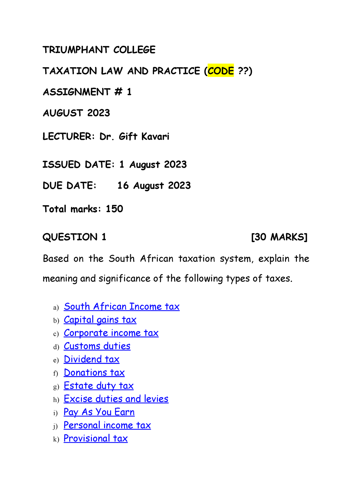 assignment topics for taxation