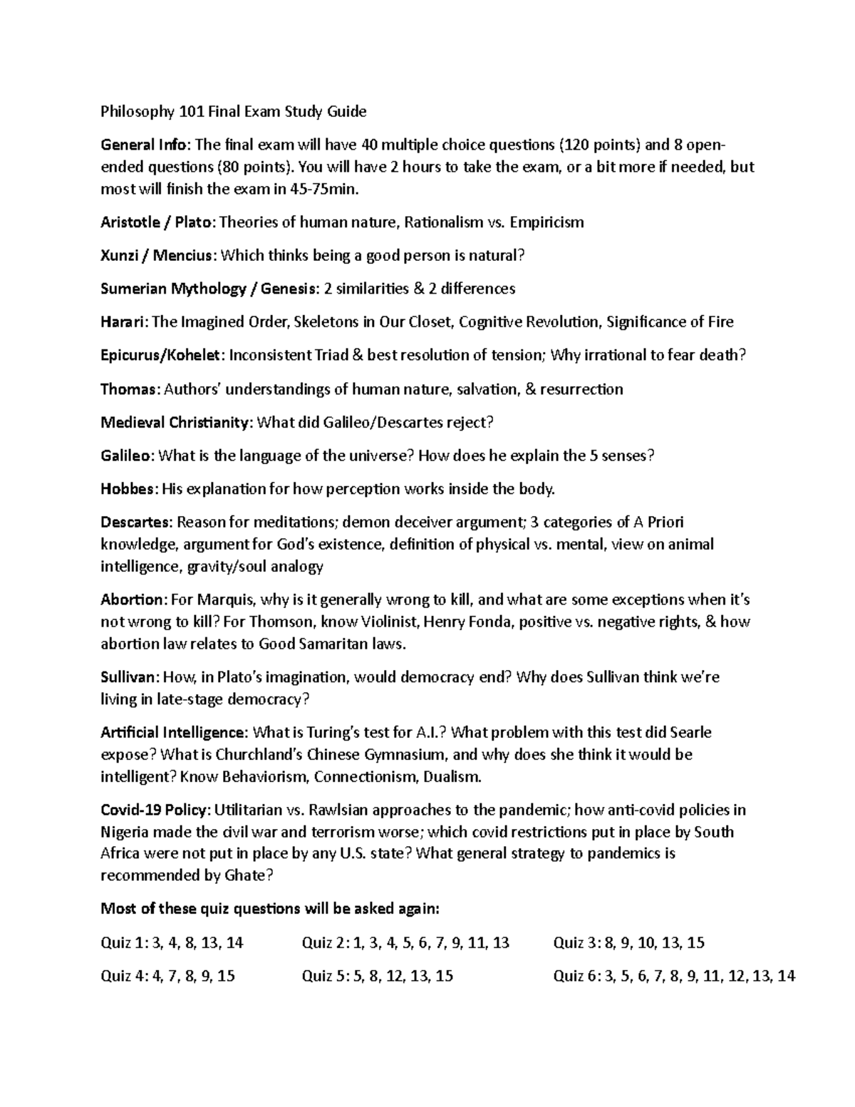 Philosophy 101 Final Exam Study Guide You Will Have 2 Hours To Take