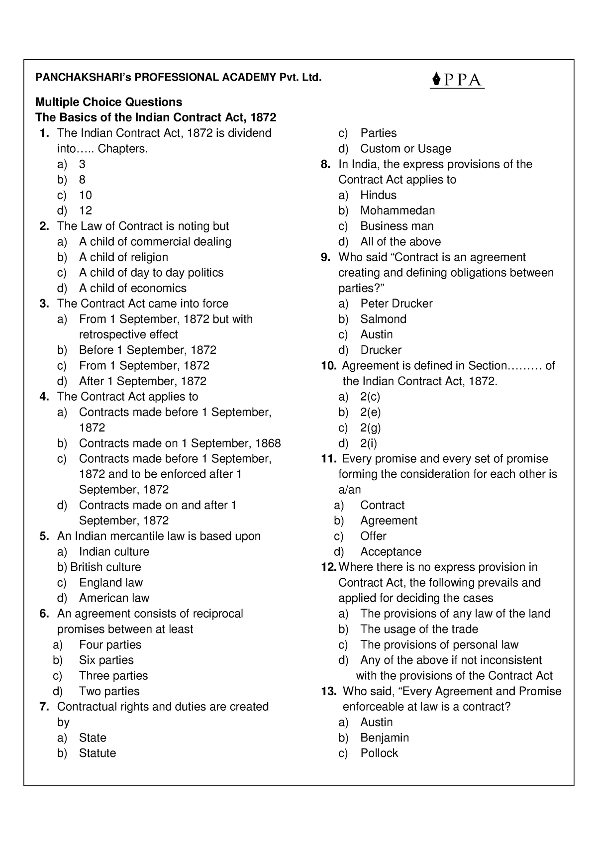 MCQ Contract Multiple Choice Questions The Basics Of The Indian 