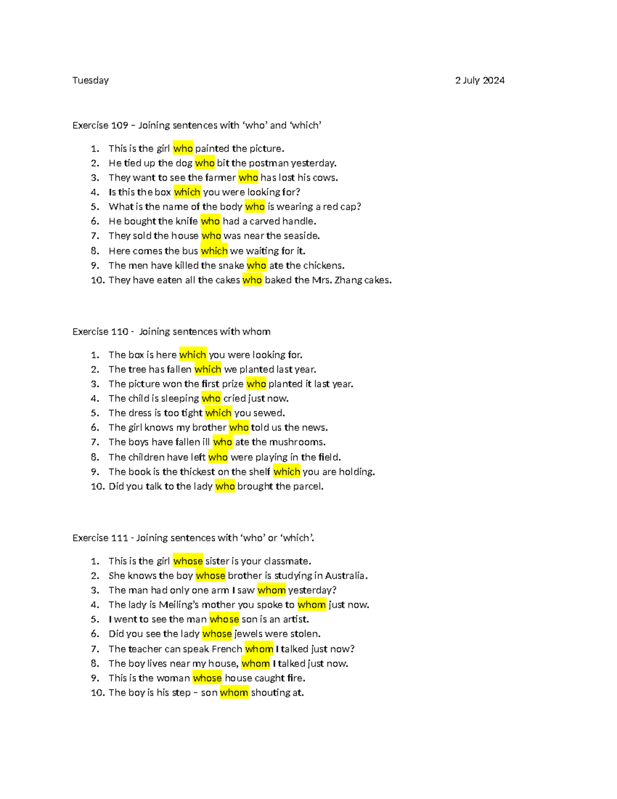 Joining sentences 2 July 2024 - Tuesday 2 July 2024 Exercise 109 ...