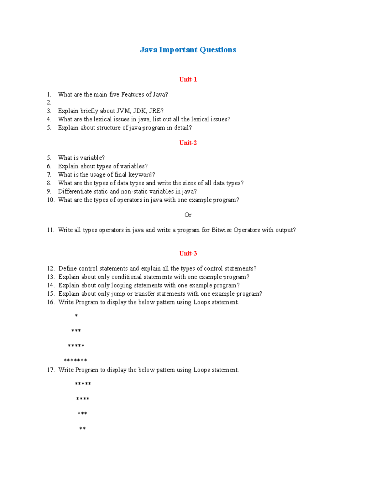OOP impotant questions answer 2 - Java Important Questions Unit- 1 ...