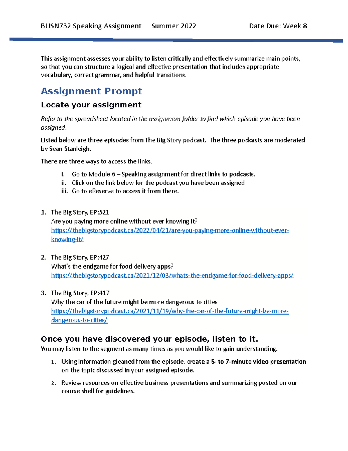 22M BUSN732 Speaking Assign - BUSN732 Speaking Assignment Summer 2022 ...