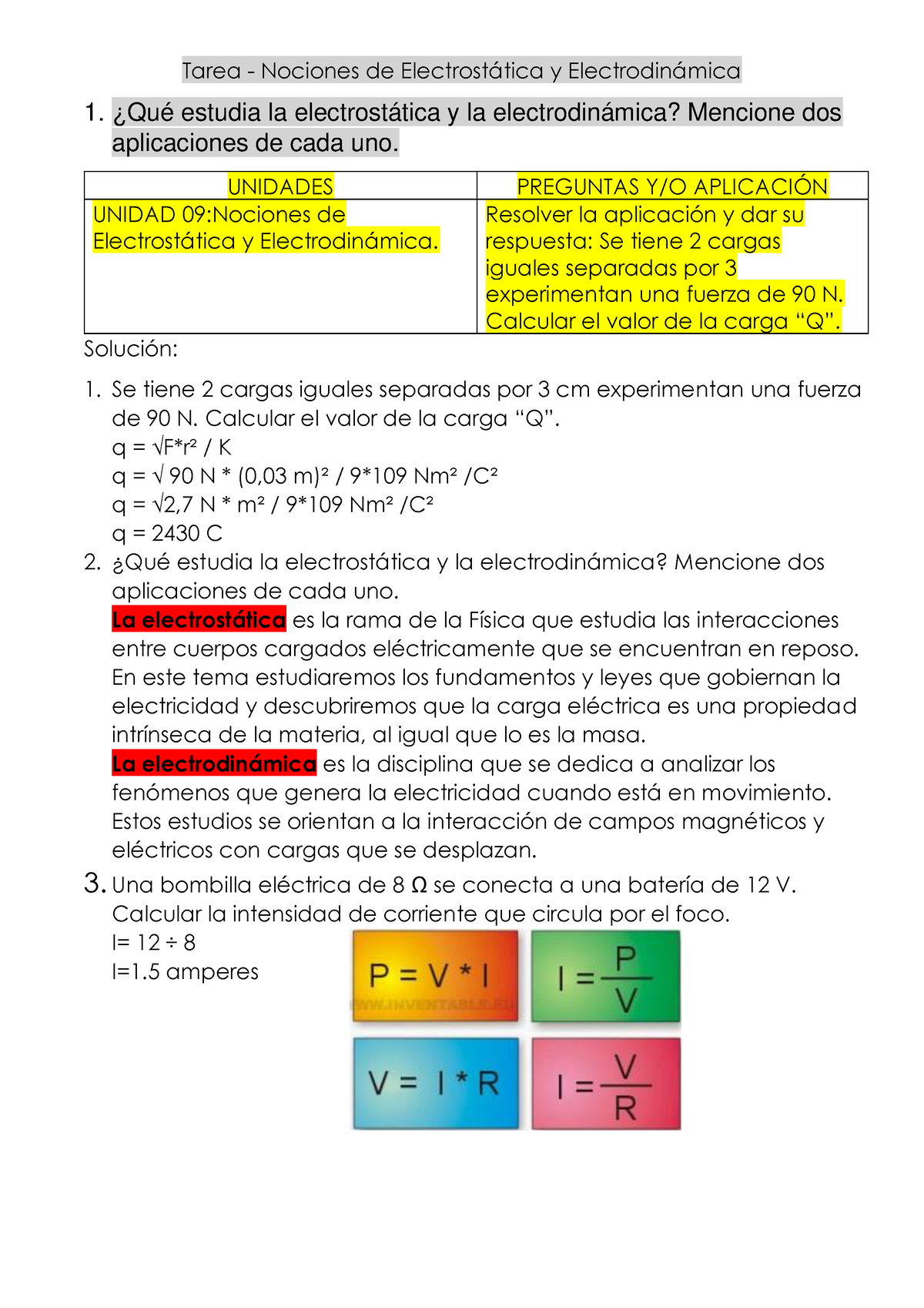 Tarea Numero 9 - Tarea - Nociones De Electrost·tica Y Electrodin·mica 1 ...