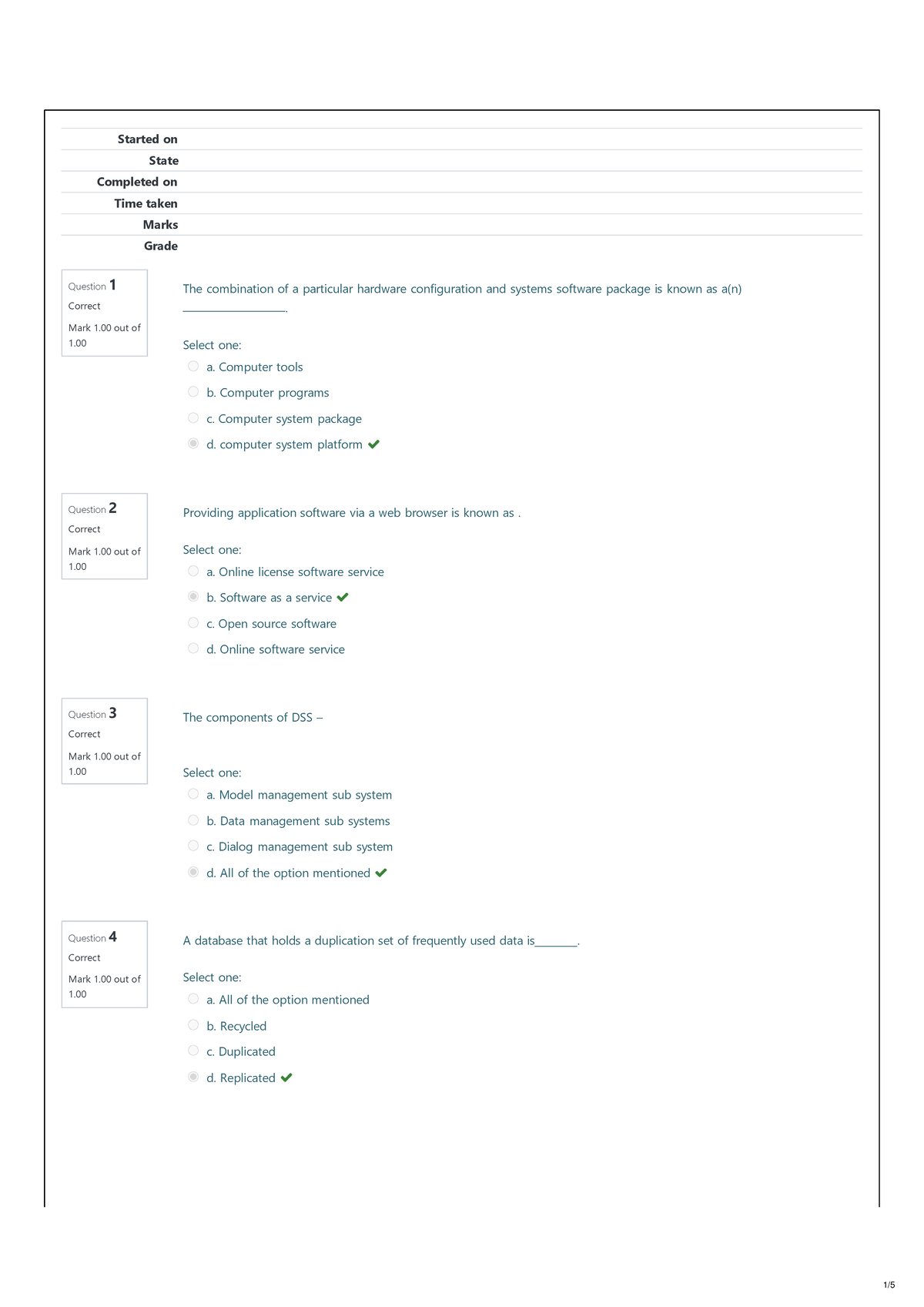 Information Systems 621 - Assignment 3 MCQs - Started on State ...