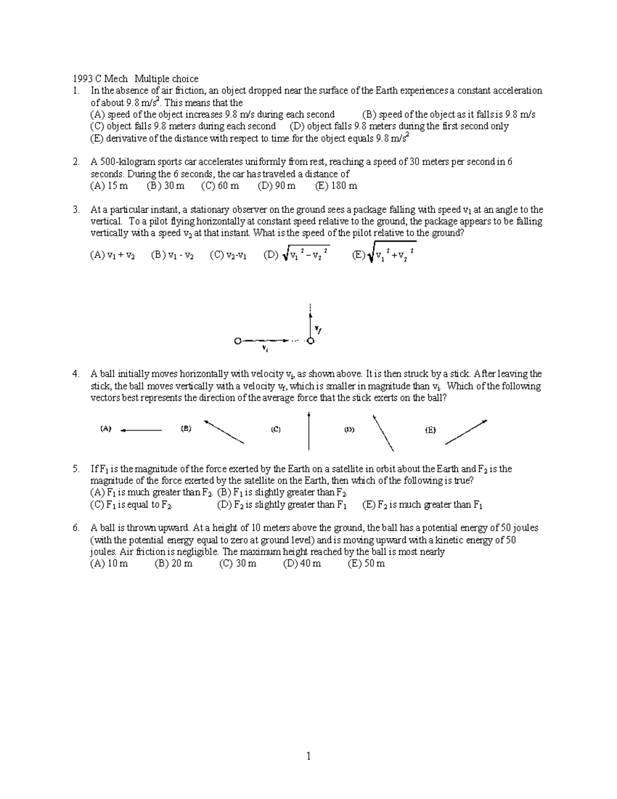 AP Physics C 1993 with Answers - 1993 C Mech Multiple choice In the ...