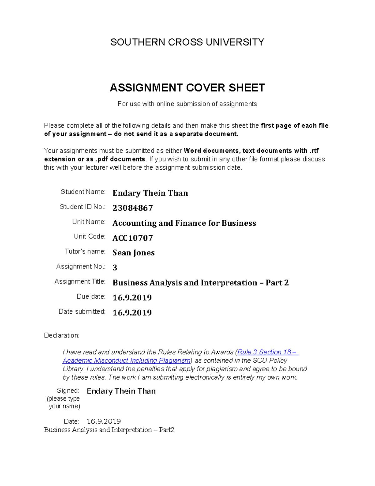 Business Analysis and Interpretation - ASSIGNMENT COVER SHEET For use ...