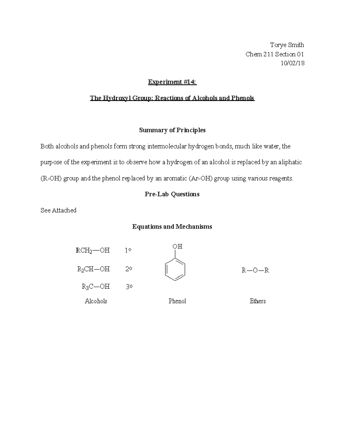 Experiment 14 The Hydroxyl Group Reactions Of Alcohols And Phenols