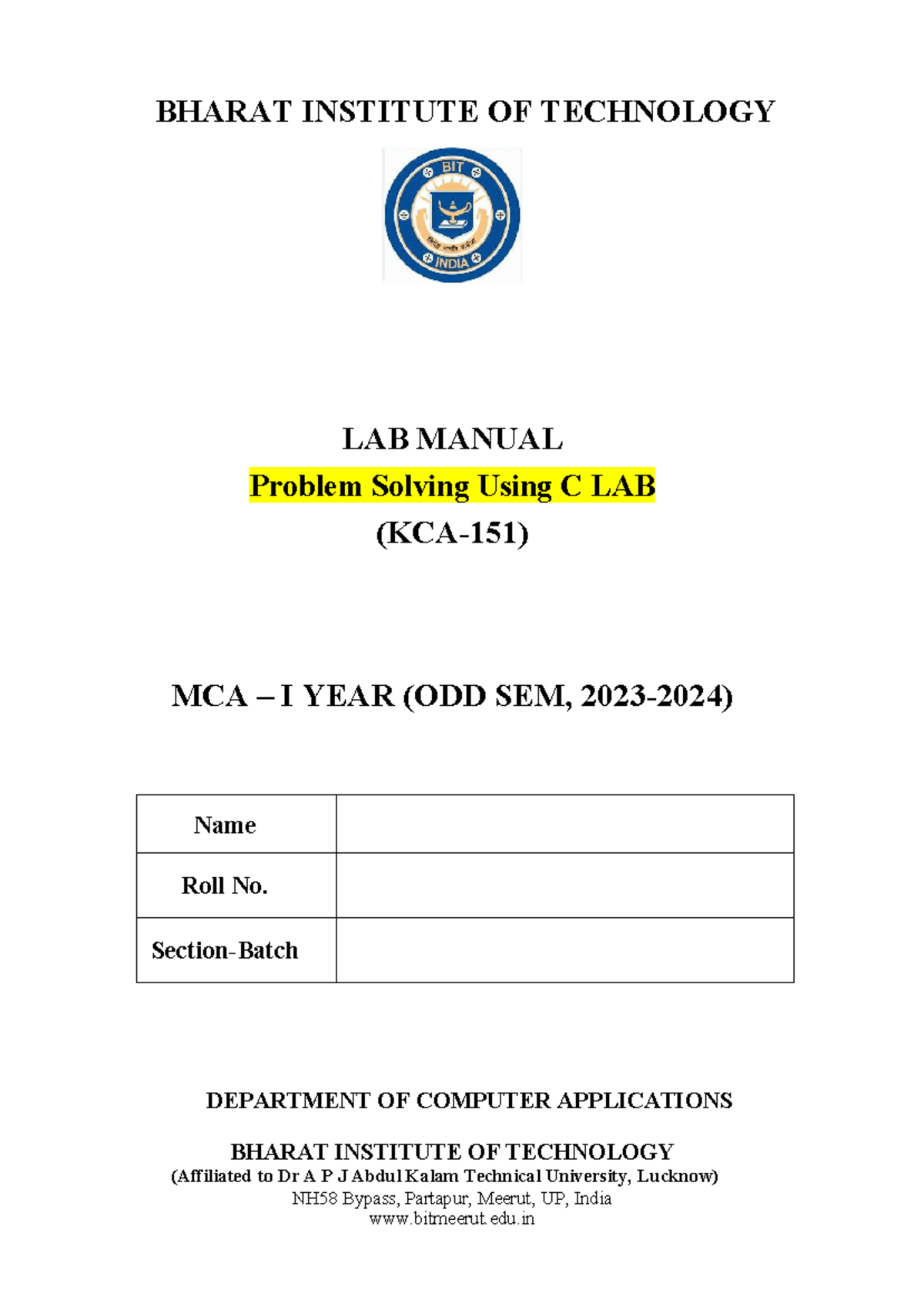 C Lab manual - C Lab file - BHARAT INSTITUTE OF TECHNOLOGY LAB MANUAL ...
