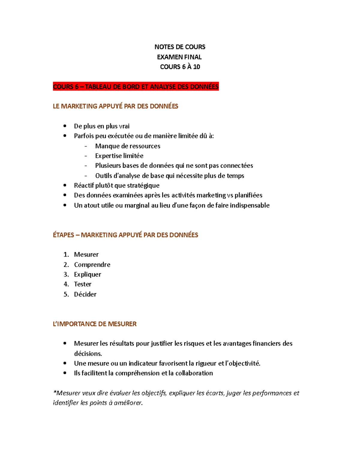 EXAM Final - NOTES DE COURS EXAMEN FINAL COURS 6 À 10 COURS 6 – TABLEAU ...