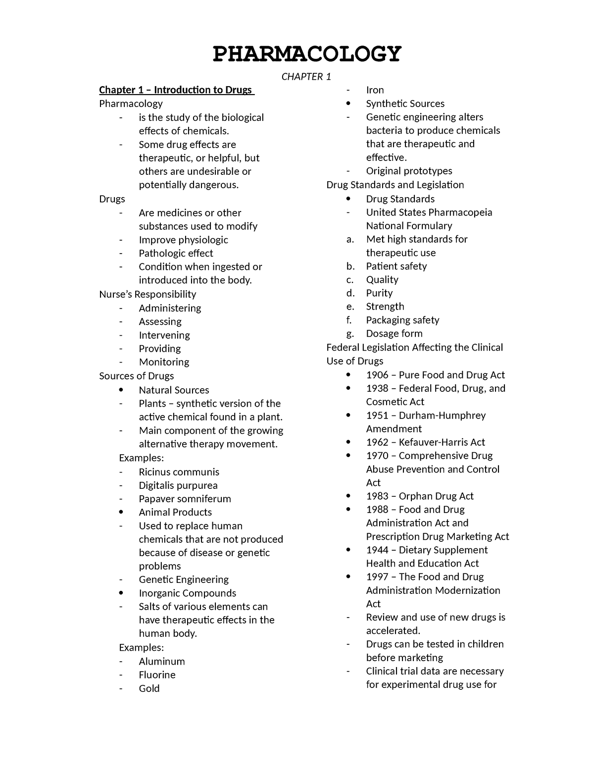 Pharma - C1 - Lala - PHARMACOLOGY CHAPTER 1 Chapter 1 – Introduction To ...