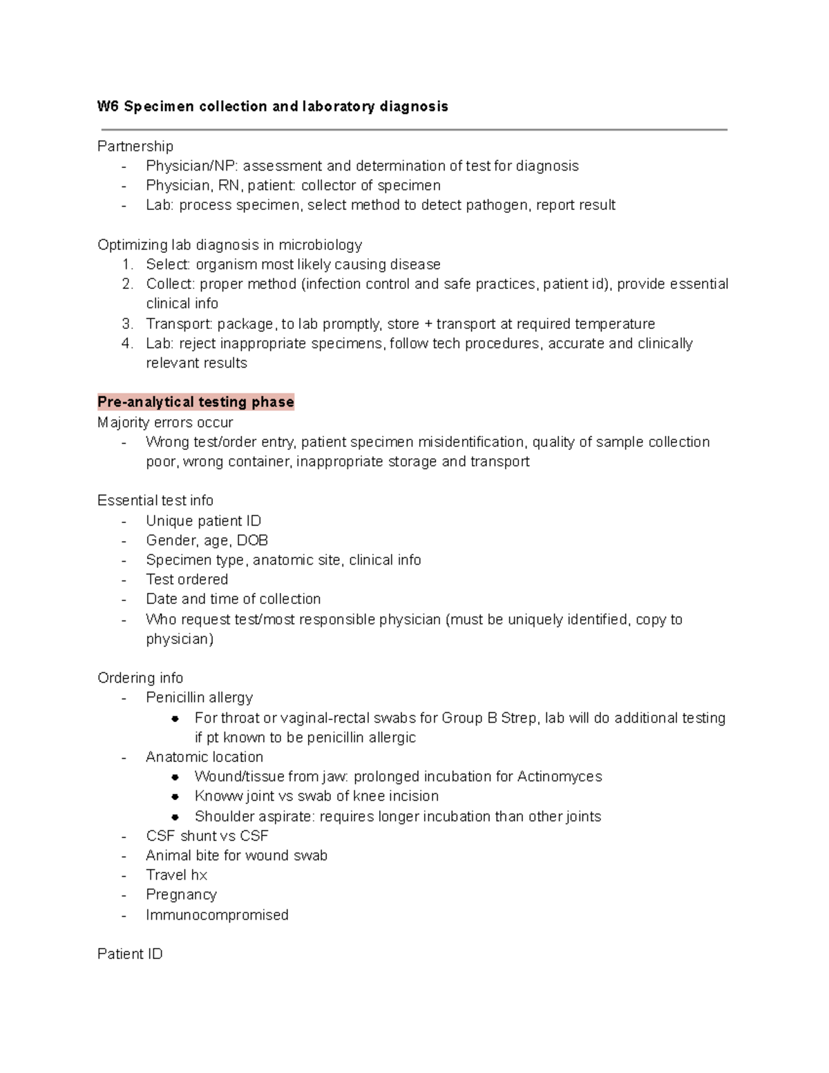 W6 Specimen collection and laboratory diagnosis W6 Specimen