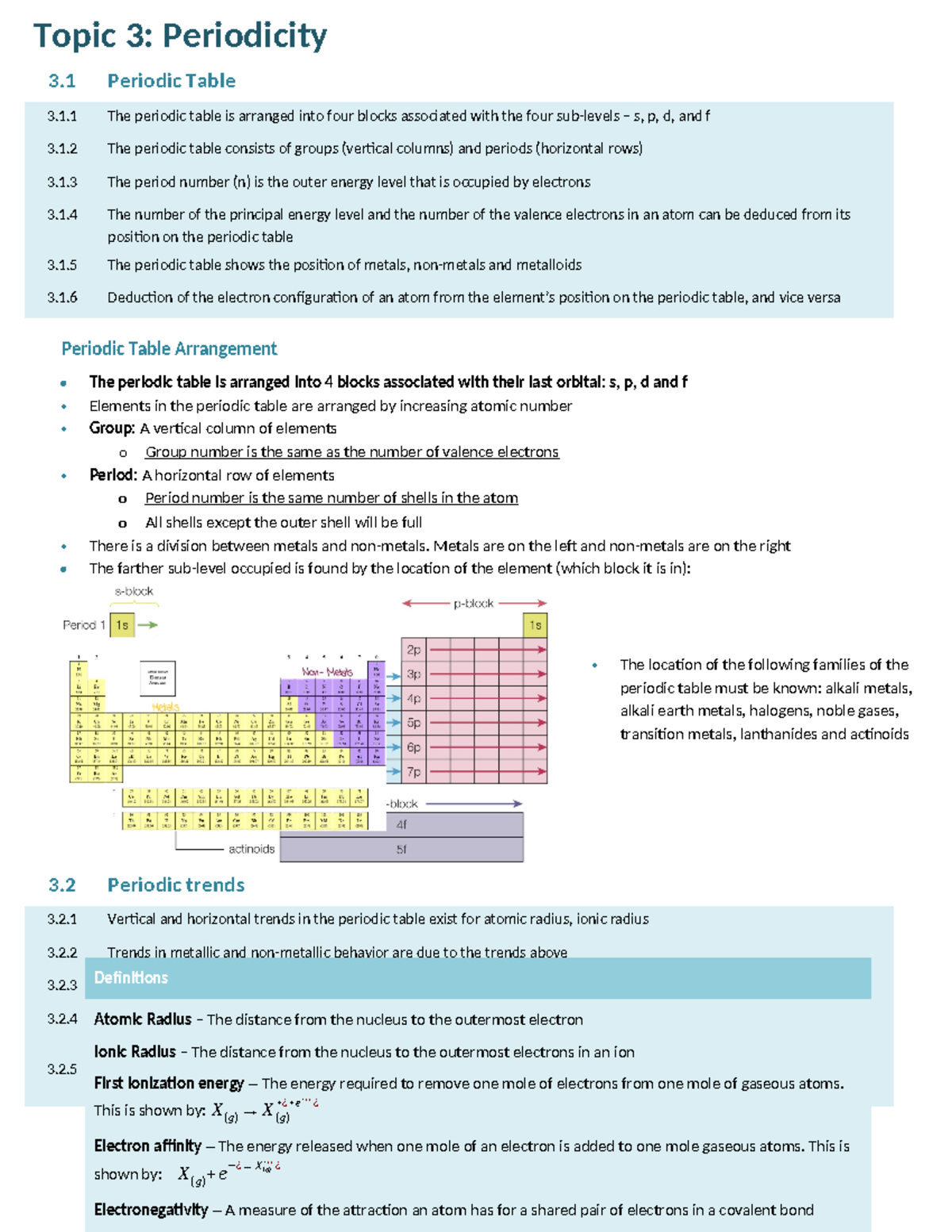 3. periodicity - Topic 3: Periodicity 3 Periodic Table 3.1 The periodic ...