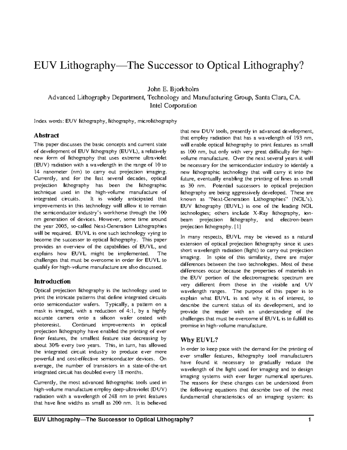 Intel paper on extreme uv lithography - EUV Successor to Optical ...