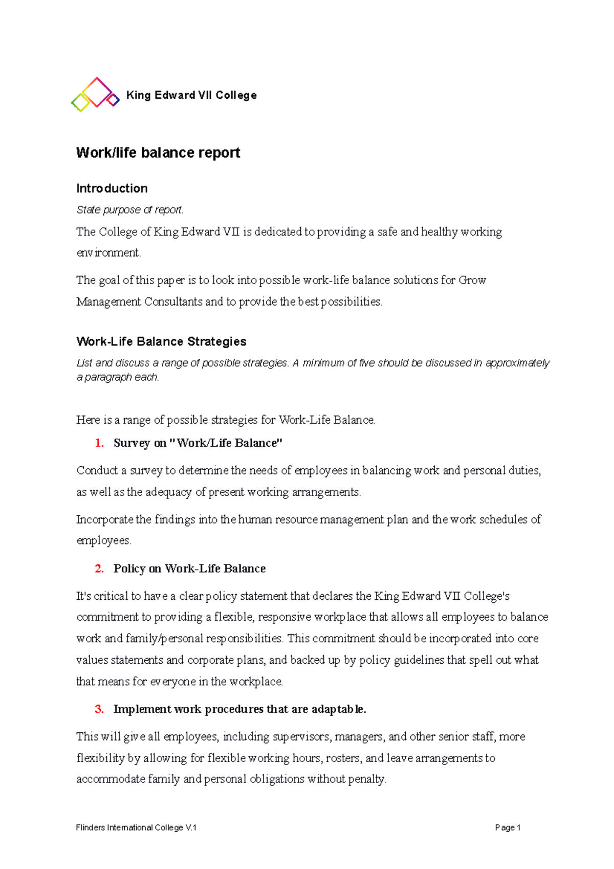 Work Life Balance Report and Action Plan - King Edward VII College Work ...