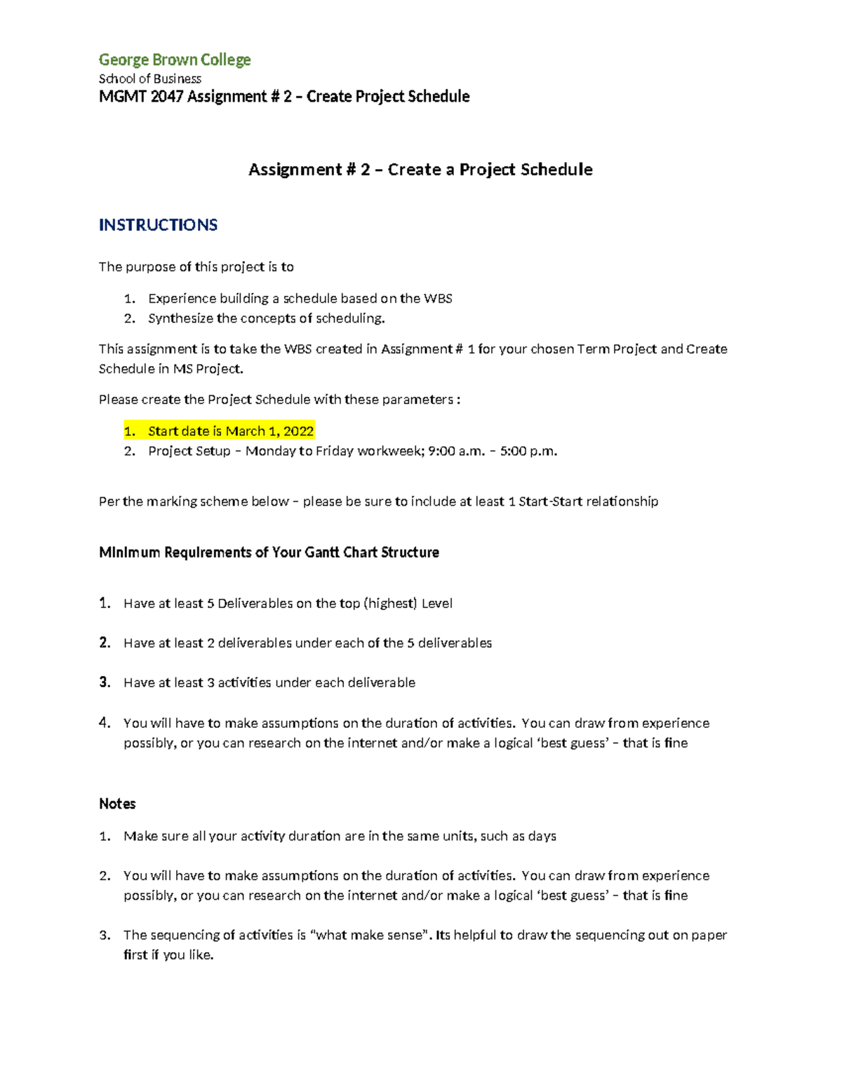 Week 5 Assignment 2 Create a Schedule in MS Project - George Brown ...