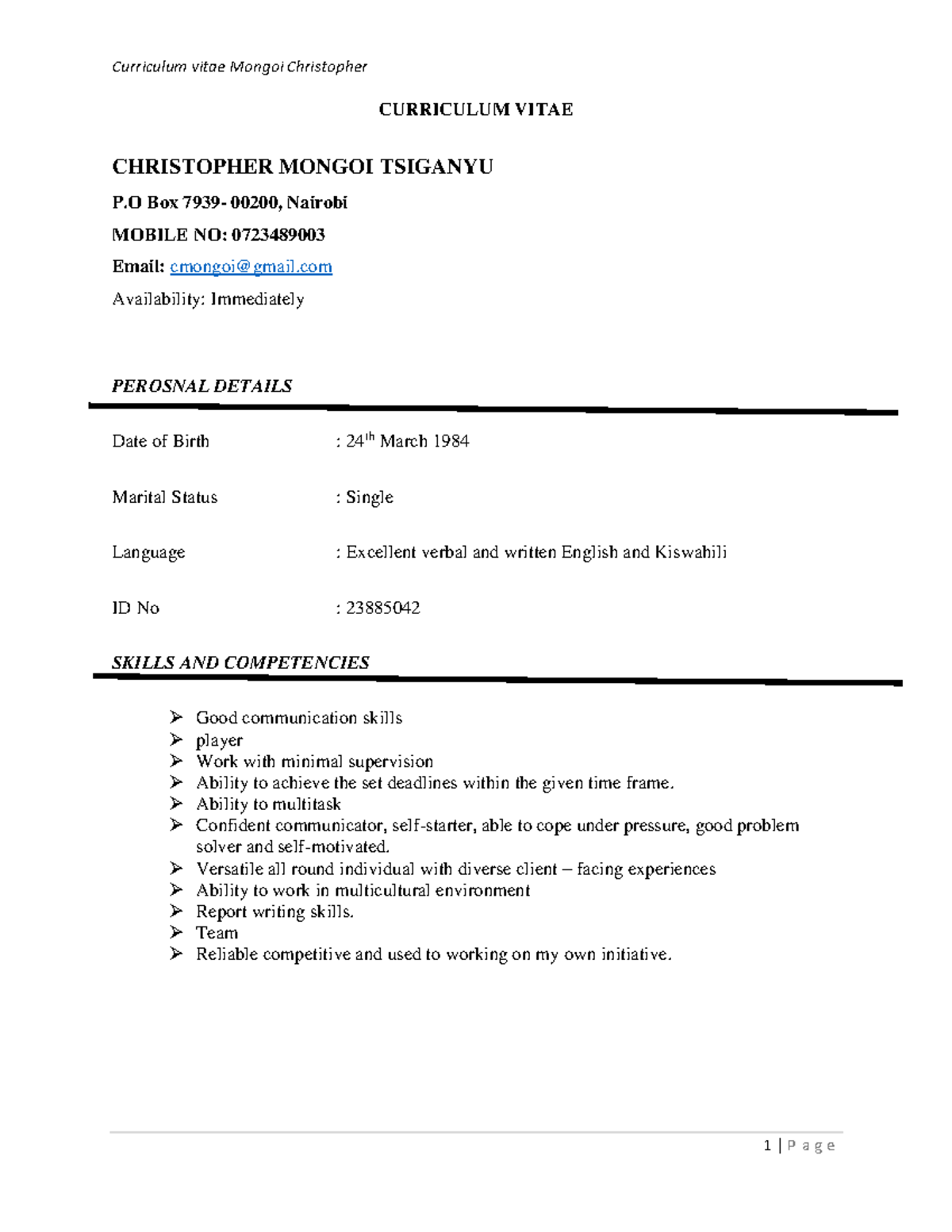 Curriculum Vitae chris - CURRICULUM VITAE CHRISTOPHER MONGOI TSIGANYU P ...