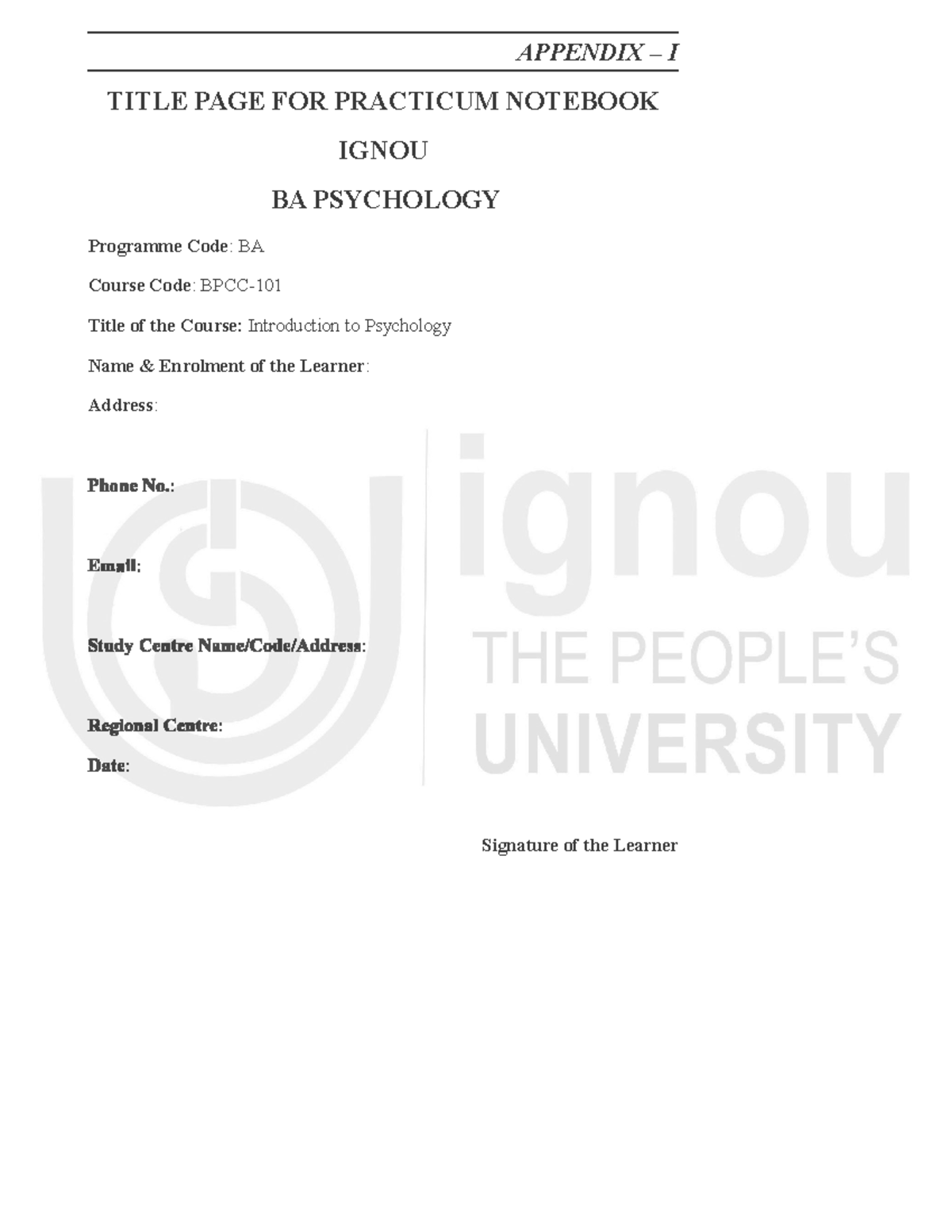 3 Pages BPCC 101 - 177 APPENDIX – I TITLE PAGE FOR PRACTICUM NOTEBOOK ...