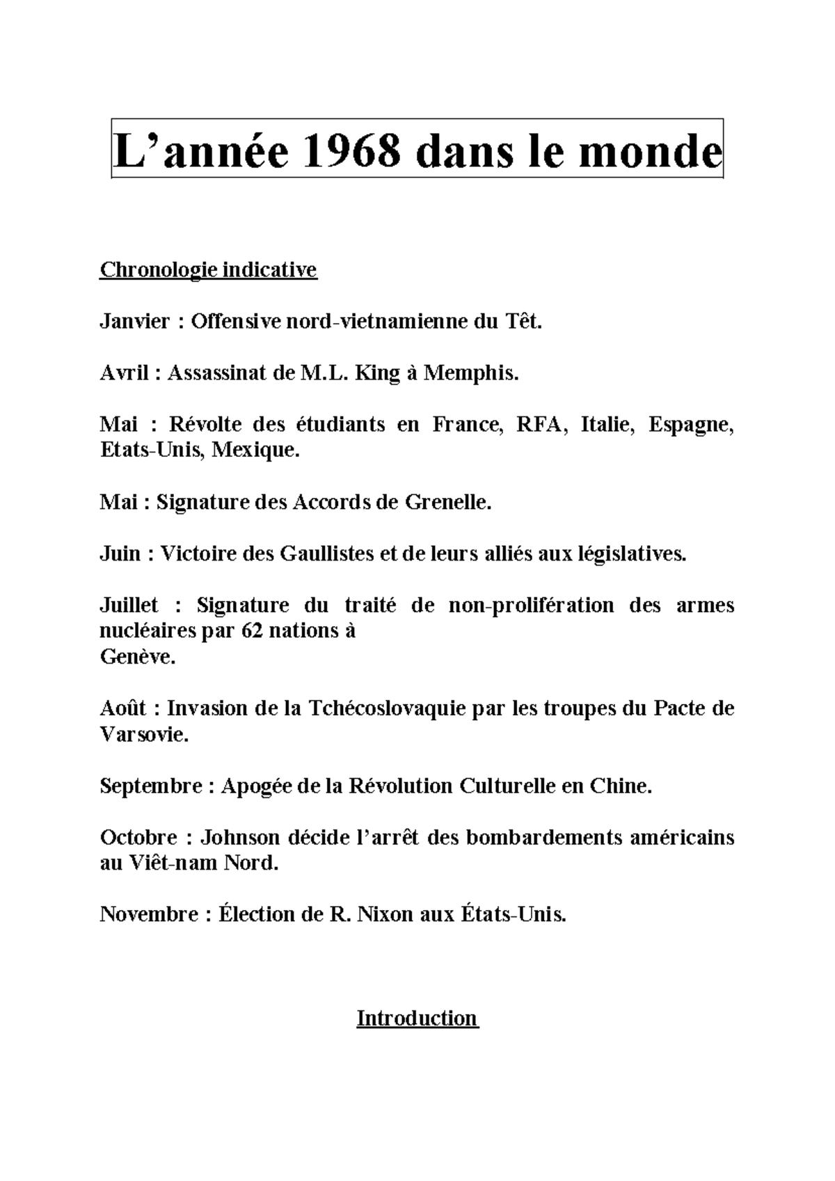 1968 - Dissertation 1968 - L’année 1968 Dans Le Monde Chronologie 