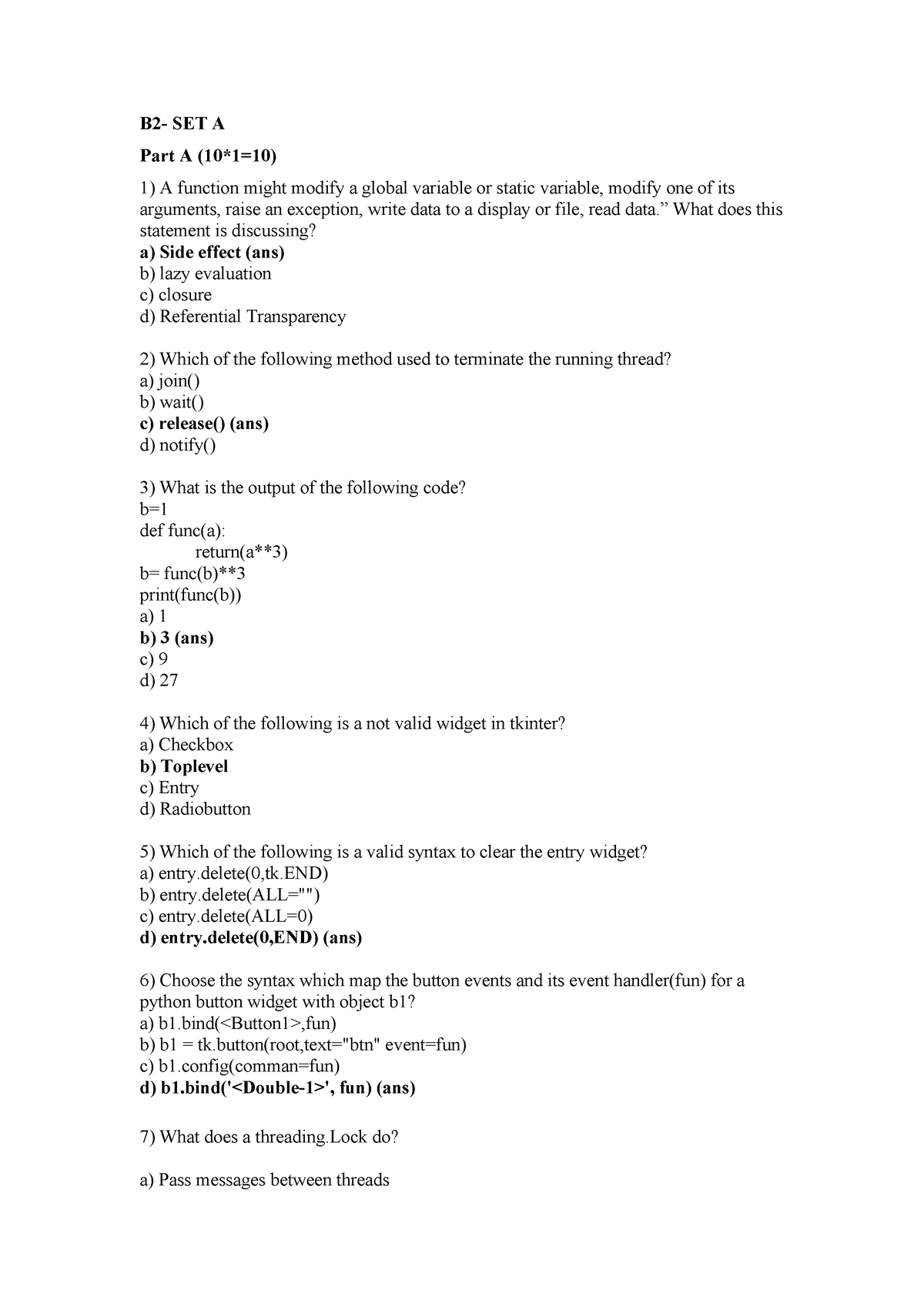 B2- SET A (PART A - MCQ- ANS) - B2- SET A Part A (10*1=10) A Function ...