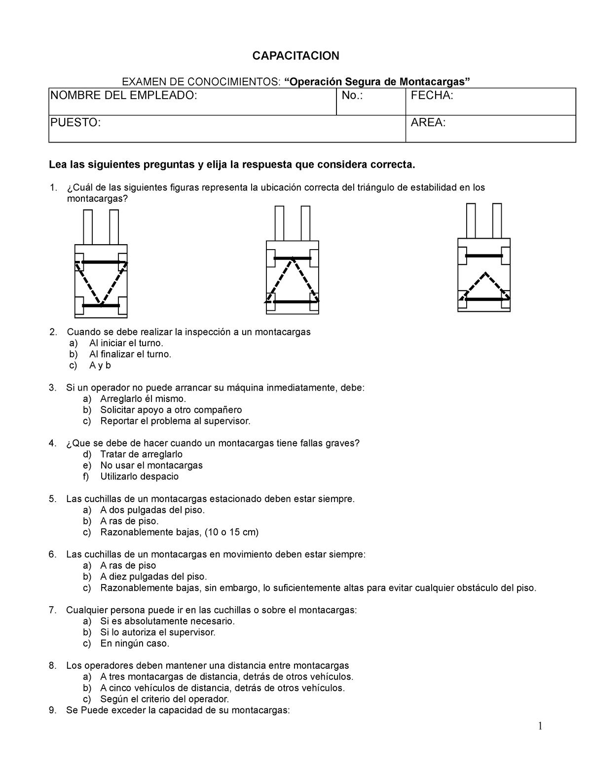 Examen montacargas - CAPACITACION EXAMEN DE CONOCIMIENTOS: “Operación ...