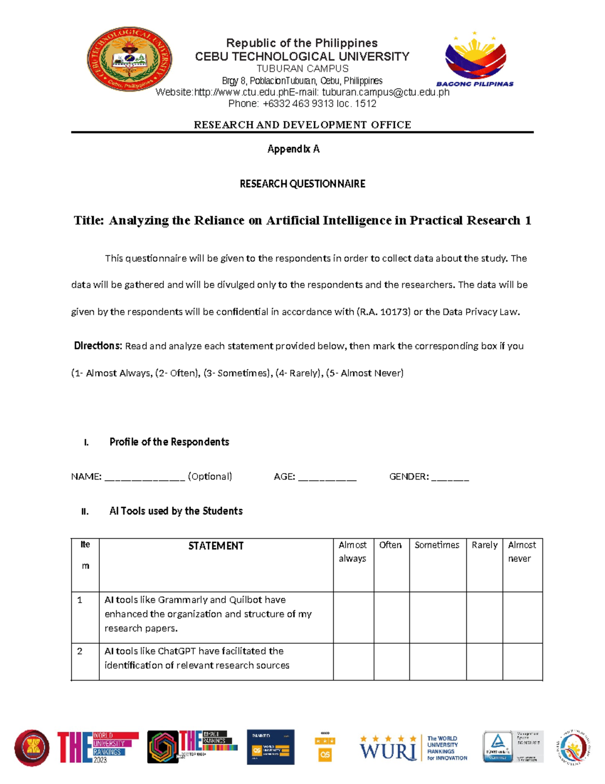 Student questionnaire updated - CEBU TECHNOLOGICAL UNIVERSITY TUBURAN ...