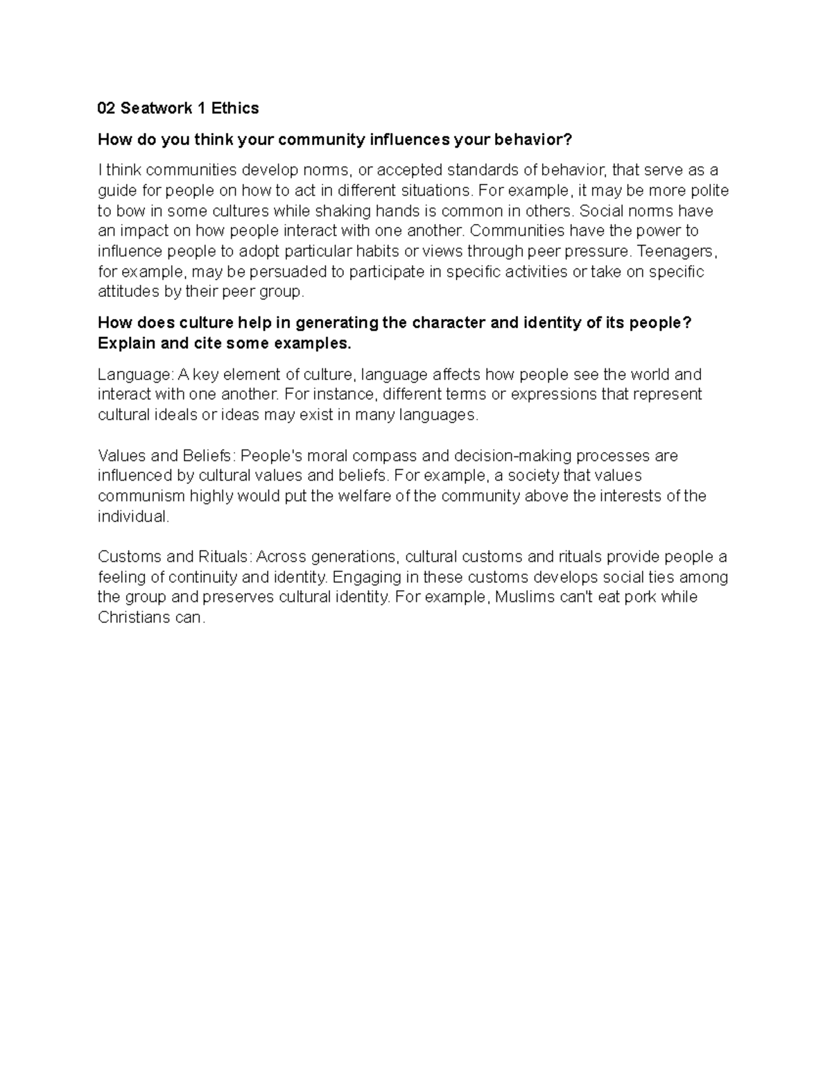 02 Seatwork 1 02 Seatwork 1 Ethics How do you think your community