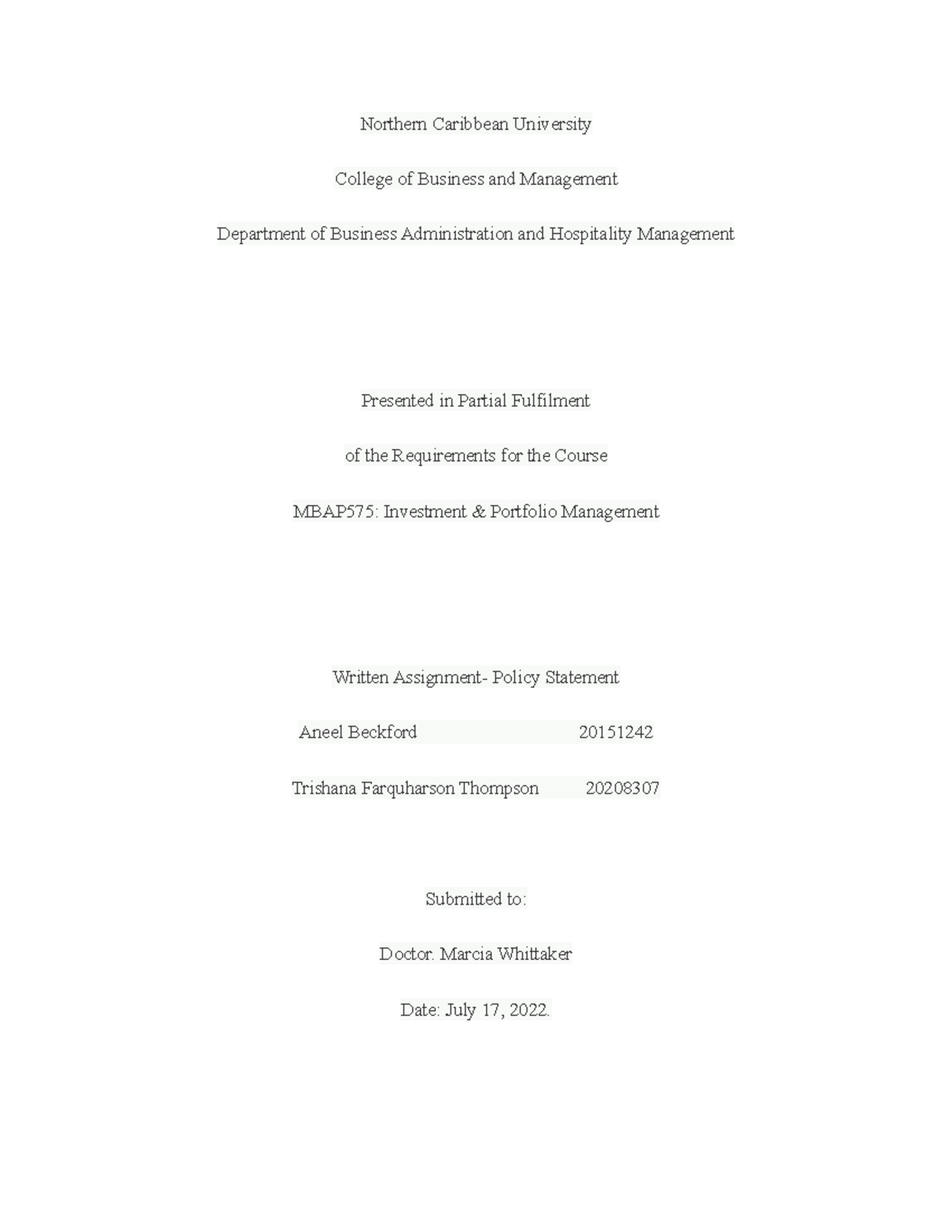 Investment Portfolio - Northern Caribbean University College of ...
