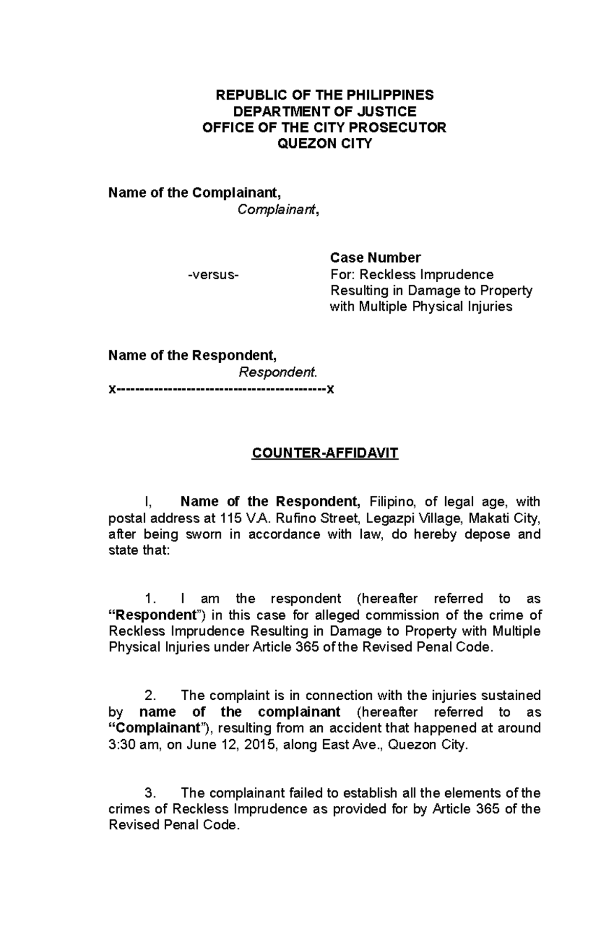 sample-counter-affidavit-reckless-imprudence-compress-republic-of-the-philippines-department