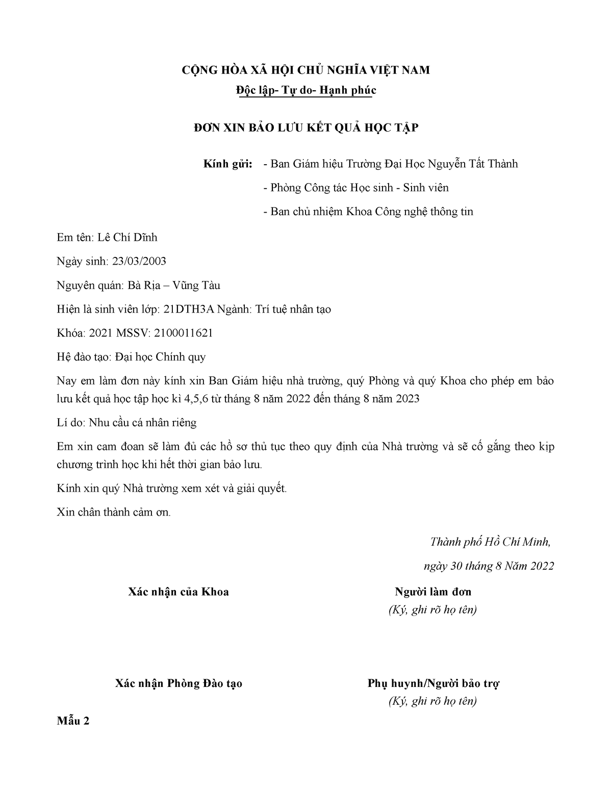 Mau Don Xin Bao Luu Ket Qua Hoc Tap 1 - Cộng Hòa Xã Hội Chủ Nghĩa Việt Nam  Độc Lập- Tự Do- Hạnh Phúc - Studocu