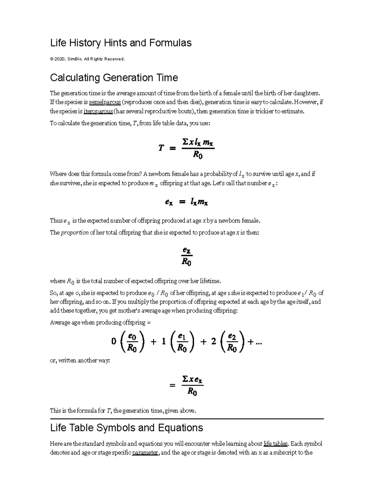 Life History Hints and Formulas Sheet Life History Hints and Formulas