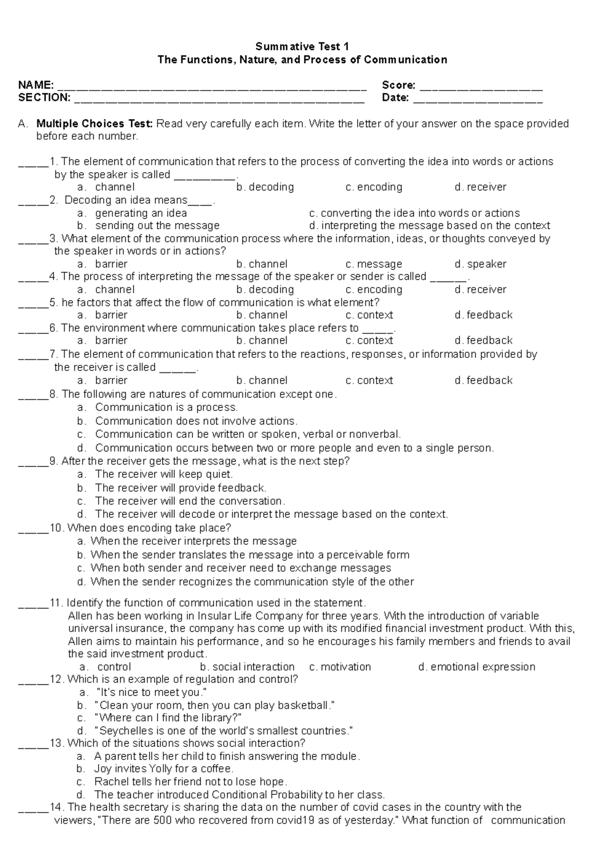 Q1- Oral Communication Module 1- Summative Test - Summative Test 1 The ...